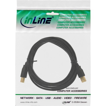 InLine? USB 2.0 Kabel, A an B, schwarz, Kontakte gold, 3m