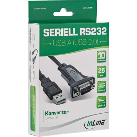 33306I - Câble adaptateur InLine® USB 2.0 vers série, USB A vers fiche Sub D 9 broches, 0,25 m