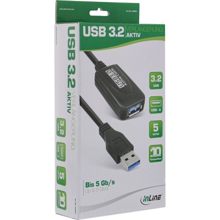 35650 - Rallonge active InLine® USB 3.2 Gen.1, fiche A vers prise A, noire, 5 m