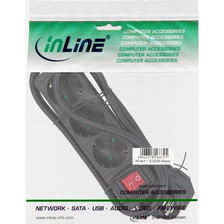 16433S - Multiprise InLine®, contact de protection à 3 voies, avec interrupteur, noir, 3m