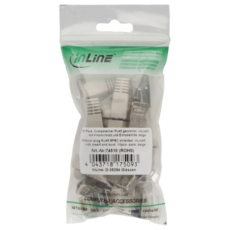 74510 - Lot de 10 connecteurs à sertir InLine® RJ45 blindés, avec protection contre le pliage et aide à l'enfilage, beige