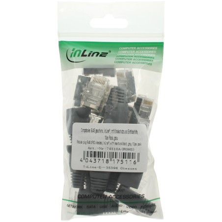 74510A - Lot de 10 connecteurs à sertir InLine® RJ45 blindés, avec protection contre le pliage et aide à l'enfilage, gris