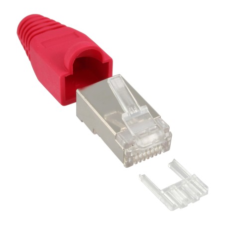 74510R - Lot de 10 connecteurs à sertir InLine® RJ45 blindés, avec protection contre le pliage et aide à l'enfilage, rouge