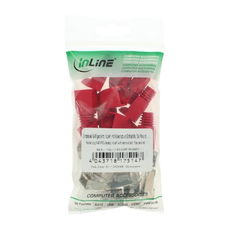 74510R - Lot de 10 connecteurs à sertir InLine® RJ45 blindés, avec protection contre le pliage et aide à l'enfilage, rouge