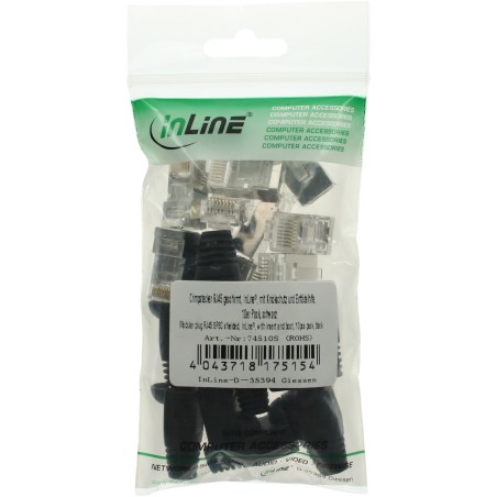 74510S - Lot de 10 douilles à sertir InLine® RJ45 étanches, avec protection contre le pliage et aide à l'enfilage, noires