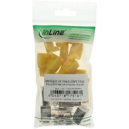 74510Y - Lot de 10 connecteurs à sertir InLine® RJ45 blindés, avec protection contre le pliage et aide à l'enfilage, jaune