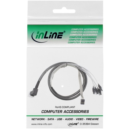 InLine? Mini SAS HD Kabel, SFF-8643 gewinkelt zu 4x SATA  Sideband, 0,5m