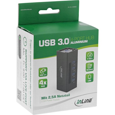 InLine? USB 3.0 Hub, 4 Port, Aluminiumgeh?use, schwarz, mit 2,5A Netzteil