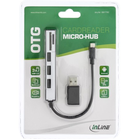 66775C - Lecteur de carte USB OTG InLine® et hub USB 2.0 3 voies, pour SDXC/microSD, avec adaptateur