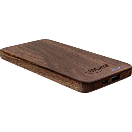 01478S - Plaque en bois InLine®, batterie externe USB 5 000 mAh, avec écran LED, bois véritable, noyer