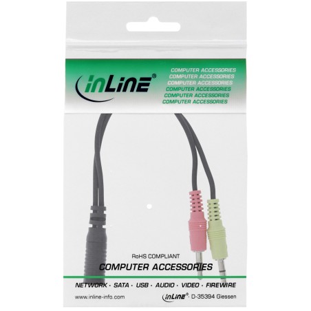 99312I - Câble adaptateur pour casque audio InLine®, 2 fiches 3,5 mm vers prise 3,5 mm CTIA, 0,15 m