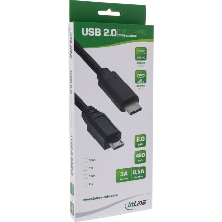 35746 - Câble InLine® USB 2.0, fiche USB-C vers fiche Micro-B, noir, 0,5 m