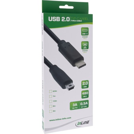 35756 - Câble InLine® USB 2.0, fiche USB-C vers fiche Mini-B, noir, 0,5 m