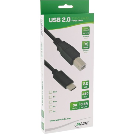 35766 - Câble InLine® USB 2.0, fiche USB-C vers fiche USB-B, noir, 0,5 m