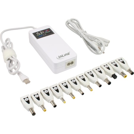 26618W - InLine® Univ. NT pour NB avec écran couleur, 90W, USB, 100-240V, blanc avec 12 alternateurs.