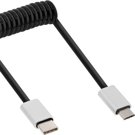 InLine? USB 2.0 Spiralkabel, USB-C ST an Micro-B ST, schwarz/Alu, flexibel, 3m