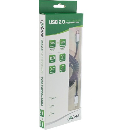 InLine? USB 2.0 Spiralkabel, USB-C ST an Micro-B ST, schwarz/Alu, flexibel, 3m