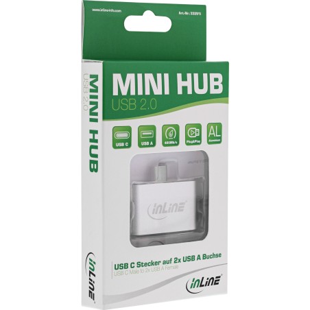 33291I - Hub InLine® Mini USB 2.0, USB C mâle vers 2x USB A femelle, argent