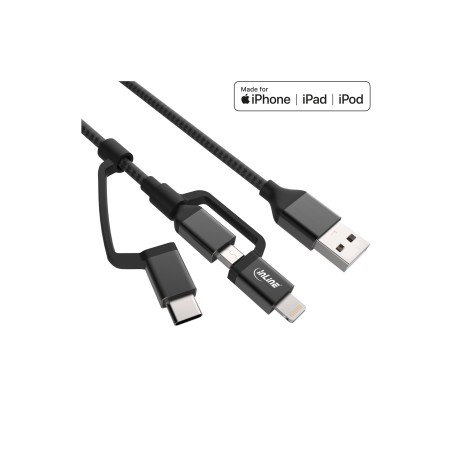 31415S - InLine® Câble USB 3 en 1, Micro-USB/Lightning/USB-C, noir/aluminium, 1,5m MFi