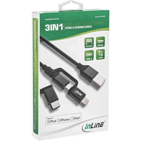 InLine? 3-in1 USB Kabel, Micro-USB/Lightning/USB-C, schwarz/Alu, 1,5m MFi