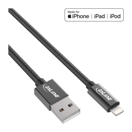 31411B - InLine® Câble Lightning USB, pour iPad, iPhone, noir/alu, 1m certifié MFI