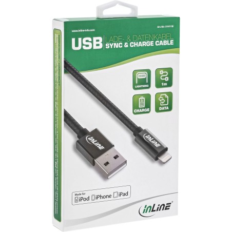 31411B - InLine® Câble Lightning USB, pour iPad, iPhone, noir/alu, 1m certifié MFI