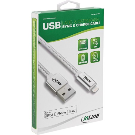 InLine? Lightning USB Kabel, f?r iPad, iPhone, iPod, silber/Alu, 2m MFi-zert.