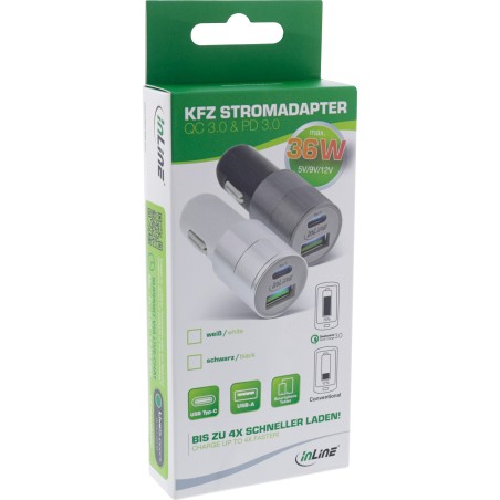 InLine? USB KFZ Stromadapter Quick Charge 3.0, 12/24VDC zu 5V DC/3A, USB-AUSB-C