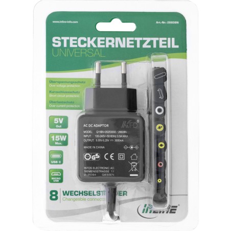 InLine? Universal Steckernetzteil, 5V/15W, mit 8 Wechselsteckern Micro-USB USB-C