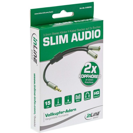 InLine? Basic Slim Audio Y-Kabel 3,5mm Klinke ST an 2x BU, 0,15m