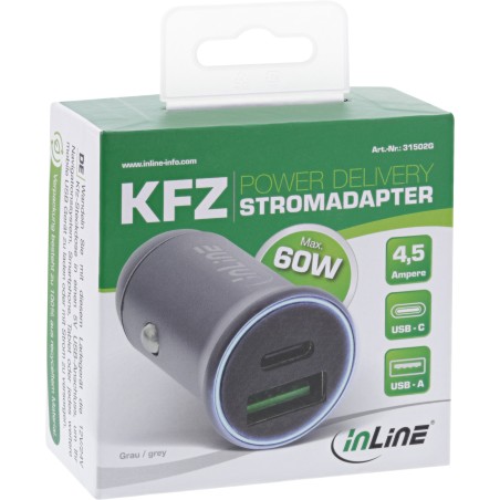 InLine? USB KFZ Stromadapter PD, 12/24V USB-A  USB-C, max. 60W, grau