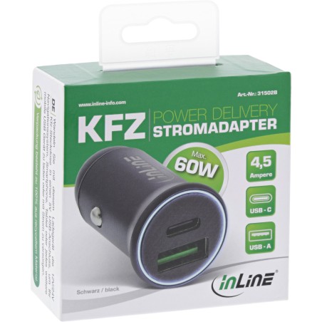 InLine? USB KFZ Stromadapter PD, 12/24V USB-A  USB-C, max. 60W, schwarz