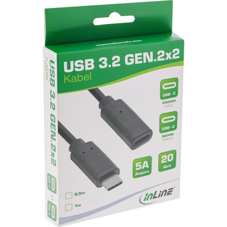 35771 - InLine® Câble USB 3.2 Gen.2x2, USB-C Rallonge ST/BU, noir, 1m