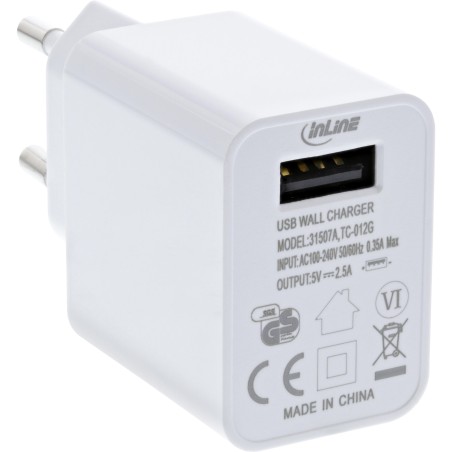 31507A - InLine® Chargeur USB simple, Adaptateur secteur, 100-240V à 5V/2,5A, blanc