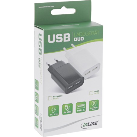 InLine? USB Ladeger?t DUO, Netzteil 2-fach, 100-240V zu 5V/2.1A, wei?