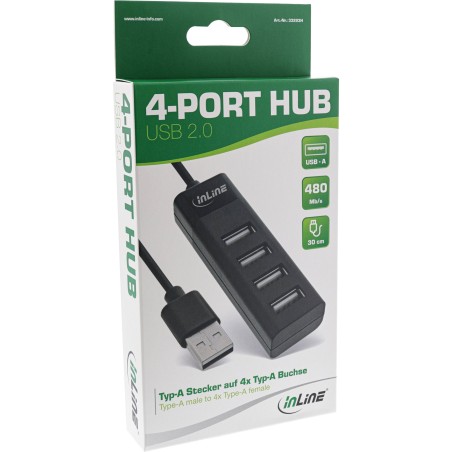 33293H - InLine® USB 2.0 Hub, 4 Port, noir, avec USB DC câble, câble 30cm, étroit