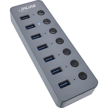 35395D - InLine® USB 3.0 Hub, 7 ports, avec interrupteur, aluminium, gris, avec alimentation