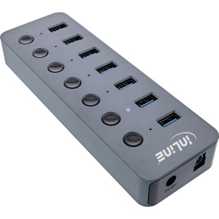 35395D - InLine® USB 3.0 Hub, 7 ports, avec interrupteur, aluminium, gris, avec alimentation