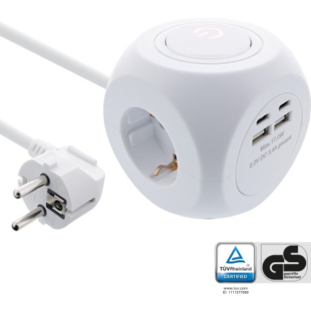 16499A - InLine® Charging Cube, 3x contact de protection, 2x USB-C, 2x USB-A, blanc, 2m