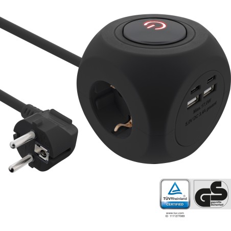 16499B - InLine® Charging Cube, 3x contact de protection, 2x USB-C, 2x USB-A, noir, 2m