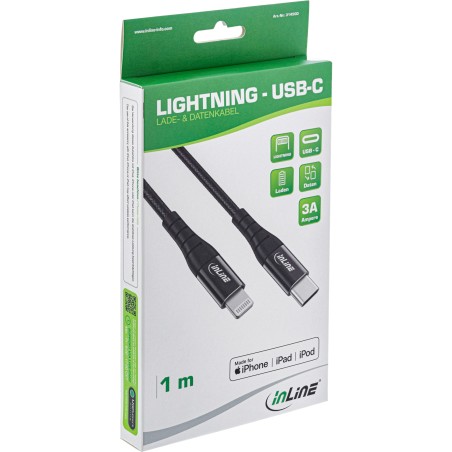 31450D - Câble Lightning InLine® USB-C, pour iPad, iPhone, iPod, noir/aluminium, 1 m MFi