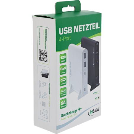 31515B - Alimentation USB InLine®, chargeur GaN, 4 ports, 2x USB-C  2x USB-A, 120W, noir