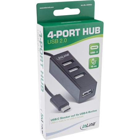 33293J - Hub InLine® USB 2.0 4 ports, USB-C mâle vers 4x USB-A femelle, câble 15 cm