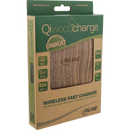 33393X - InLine® Qi woodcharge, chargeur rapide sans fil, 5/7,5/10W/15W, USB-C