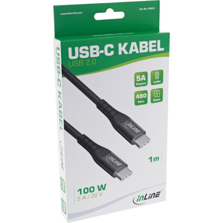 35851 - Câble InLine® USB 2.0, câble de charge rapide USB-C mâle/mâle 100 W, 1 m