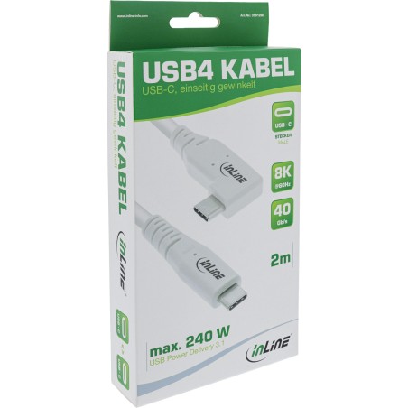 35912W - Câble InLine® USB4, USB-C, coudé d'un côté, PD 240W, 8K60Hz, TPE, blanc, 2m