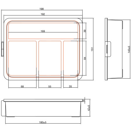 43009H - Boîte pour petites pièces InLine®, 4 compartiments, dimensions : 180x140x40mm, orange