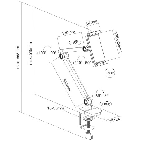 55721S - Support de tablette InLine® avec pince de table, jusqu'à 12,9, noir