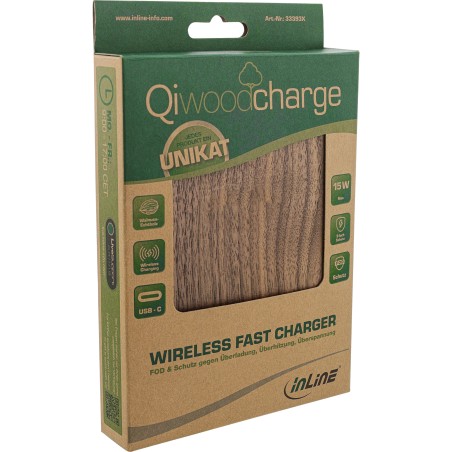 InLine? Qi woodcharge, wireless fast charger, 5/7,5/10W/15W, USB-C, ohne Logo