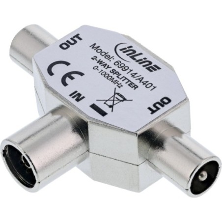 Distributeur T pour TV (double prise femelle) 1x coax fem. à 2x coax mâl.